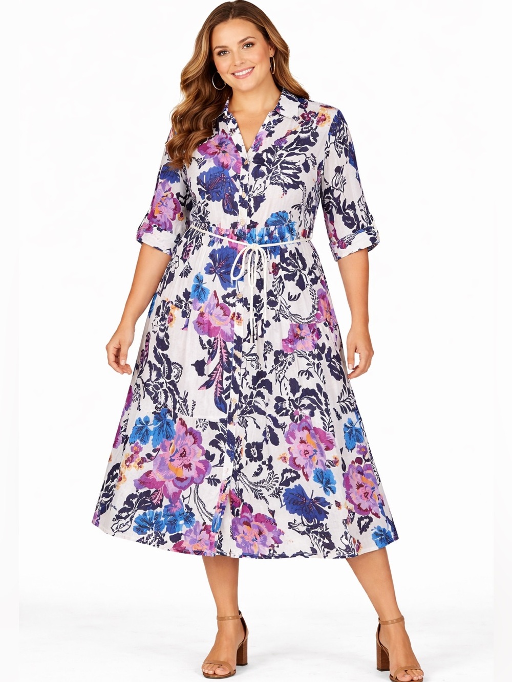 Mlle Gabrielle White Floral Button-Front Midi Dress with Purple & Blue Blooms